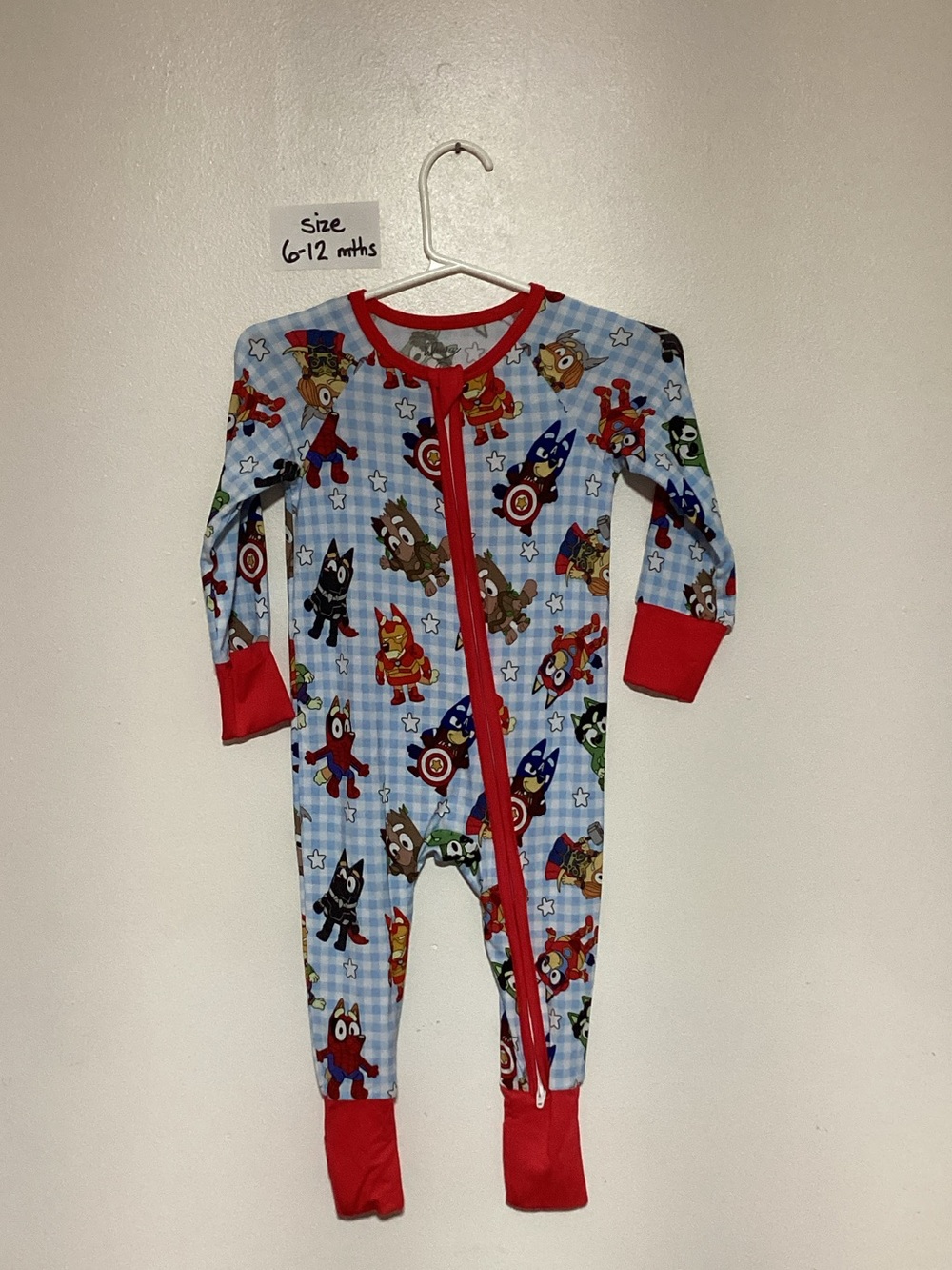 Toddler Blue Superhero-Print Footed One-Piece with Red Trim